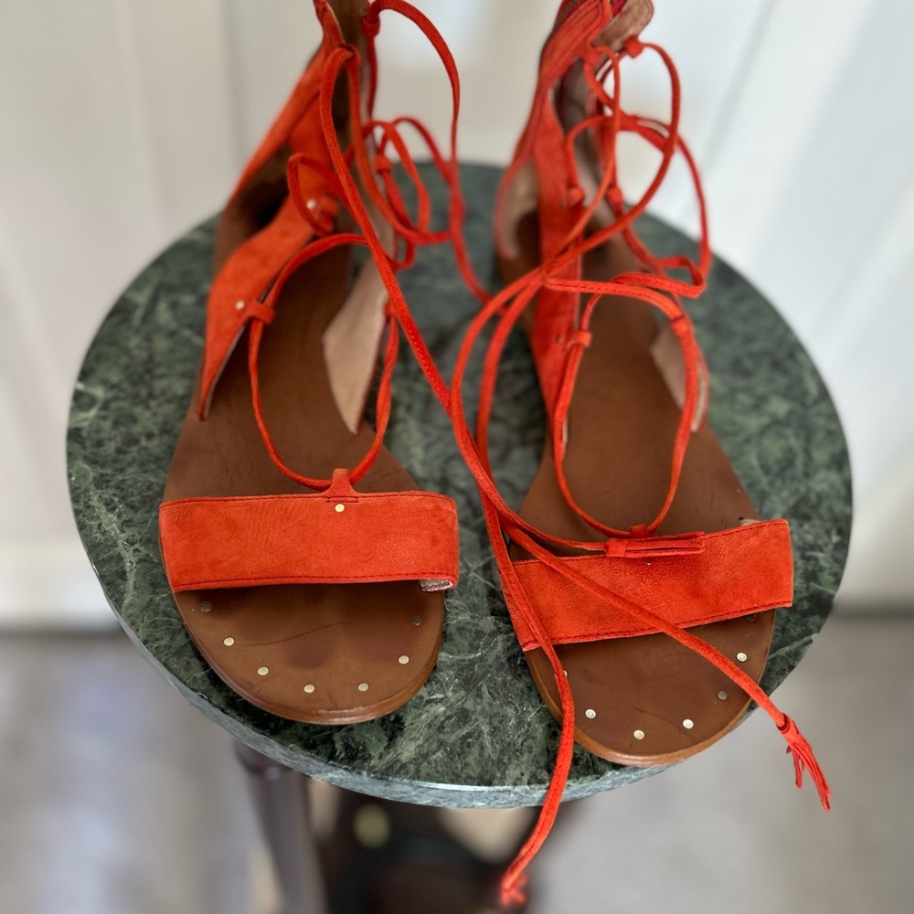 Madewell Orange Suede Lace Tassel Strap Back Zip Flats Sandals size 7 1/2